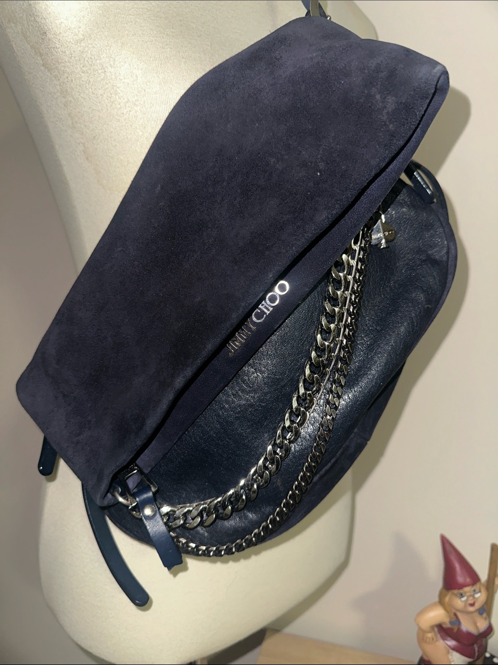 Authentic Jimmy Choo Biker Navy Suede & Leather Hobo with Silver Chain NWOT COA